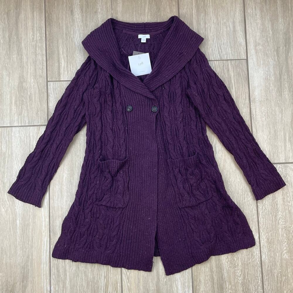 J Jill Cardigan Womens S Purple Cable Knit Shawl Collar Long Sweater NWT